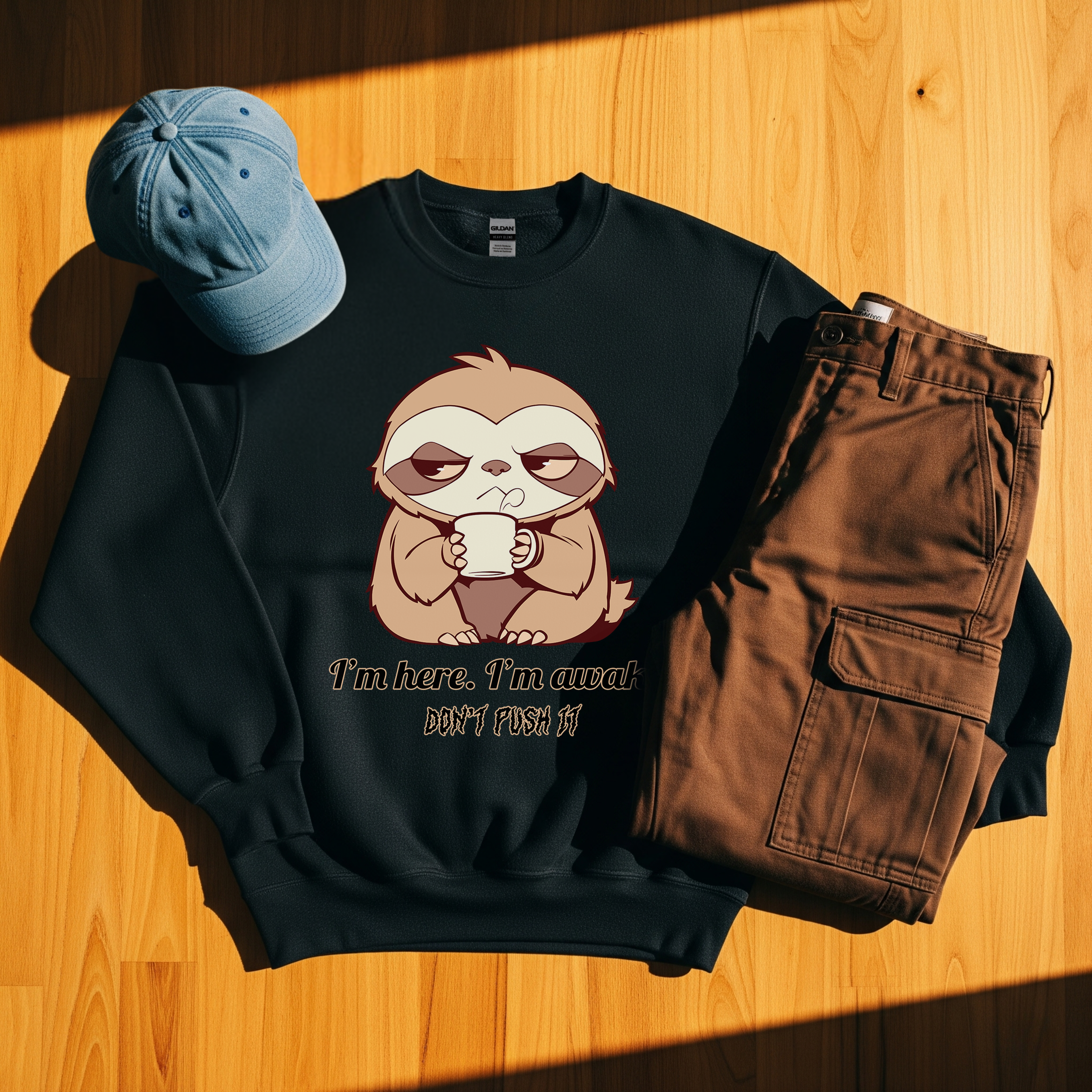 😴 I'm Here. I'm Awake. Don't Push It - Grumpy Sloth ☕ Crewneck Sweatshirt